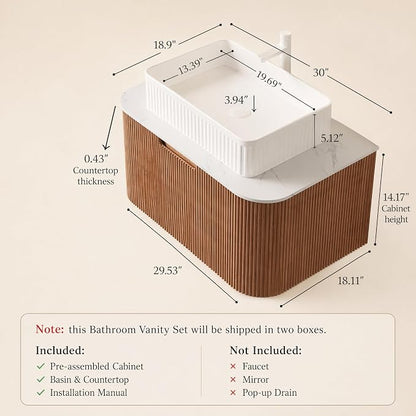 30 Inch Bathroom Vanity with Sink, Floating Wall Mounted Single Sink Vanity, Natural Woodgrain Curved Fluted Front, Stone Top, White Textured Rectangular Vessel Basin, Pre-Assembled