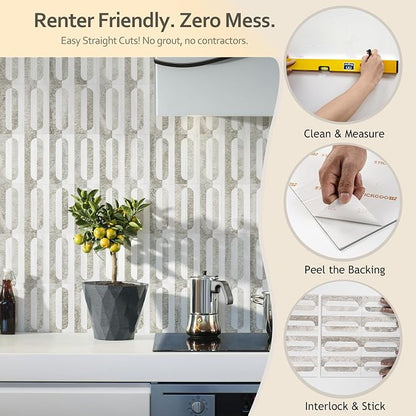 STICKGOO Peel and Stick Backsplash Tiles 12"x12", Waterproof Stick on Kitchen & Bathroom Backsplash, PVC Self Adhesive Wall Tiles for Fireplace, White/Beige Slate (10 Sheets)