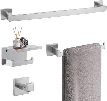 TURS Bathroom Hardware Set 4-Piece Brushed Bath Towel Bar Set Include 24 Inch Towel Bar Hand Towel Holder Towel Hook Toilet Paper Holder with Shelf Stainless Steel Bathroom Accessories Set