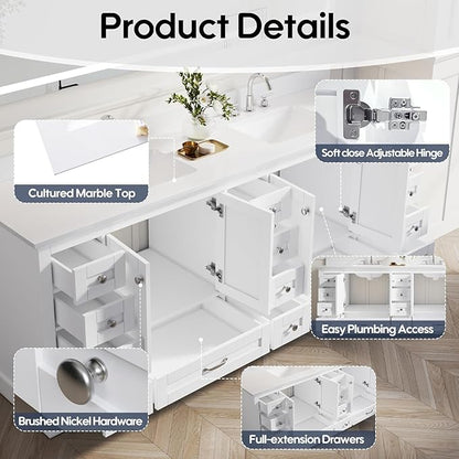 WELLFOR 84 Inch Bathroom Vanity with Double Sinks, Bathroom Freestanding Vanity W/4 Soft-Close Doors and 14 Drawers, Large Storage Space Vanity, Engineered Stone Countertop Vanities, White