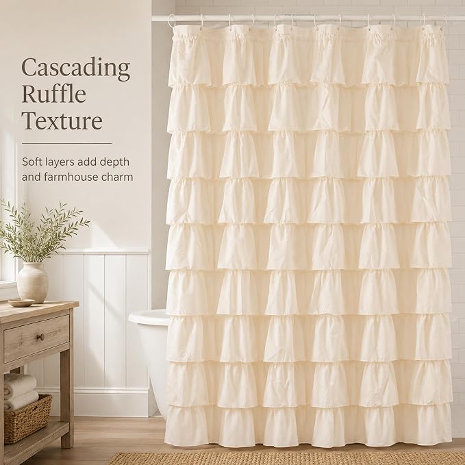 Beige Ruffle Shower Curtain for Bathroom, 72x72, Elegant Ruffled Panle | Soft Cream Color, Cascading Waterfall Ruffles, 72 x 72, 12 Hooks Included, Machine Washable, Soft Microfiber Fabric, Opaque