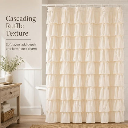 Beige Ruffle Shower Curtain for Bathroom, 72x72, Elegant Ruffled Panle | Soft Cream Color, Cascading Waterfall Ruffles, 72 x 72, 12 Hooks Included, Machine Washable, Soft Microfiber Fabric, Opaque