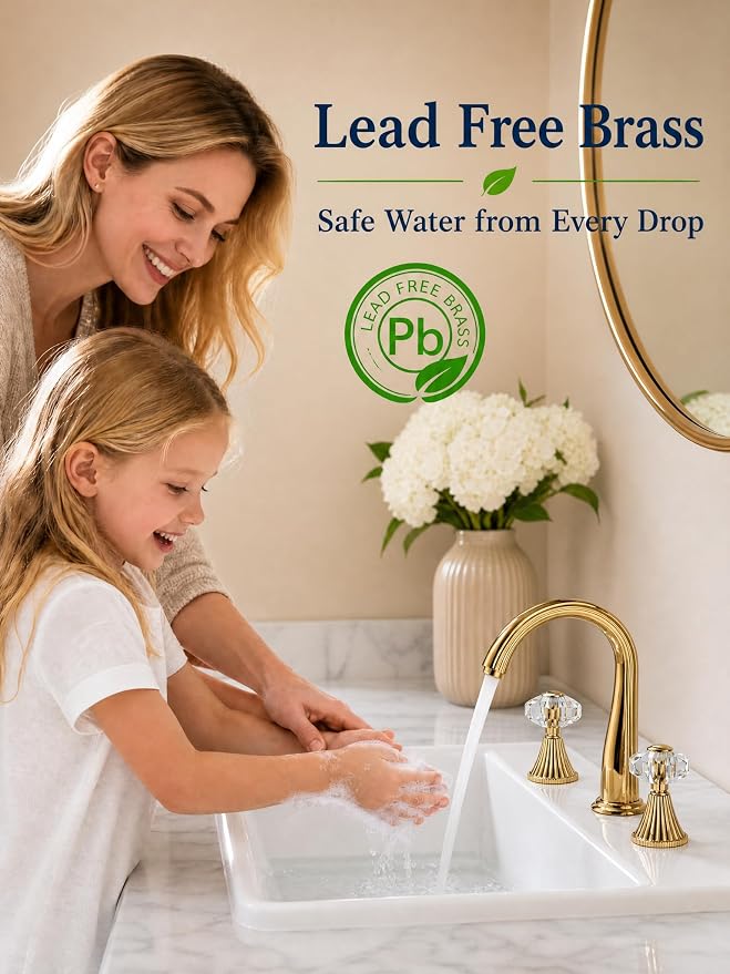 Gold Crystal 3 Hole Sink Vanity 8 Inch Brass 2 Handles 2 Tone Widespread Modern Unique Bathroom Faucets Sets, Antique Lavabo Faucet, Vintage Lavatory Vessel Luxury Mixer Tap with Pop up Drain