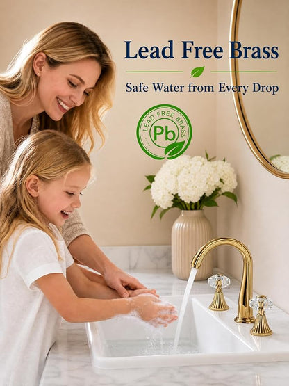 Gold Crystal 3 Hole Sink Vanity 8 Inch Brass 2 Handles 2 Tone Widespread Modern Unique Bathroom Faucets Sets, Antique Lavabo Faucet, Vintage Lavatory Vessel Luxury Mixer Tap with Pop up Drain