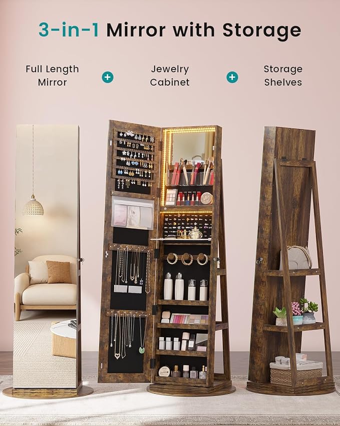 Vlsrka 360° Swivel Mirror Jewelry Cabinet, Lockable Jewelry Armoire, Brown | Standing Jewelry Cabinet with Lights, Framelss Mirror with Storage, Foldable Makeup Shelf, Interior Mirror, Gift for Women
