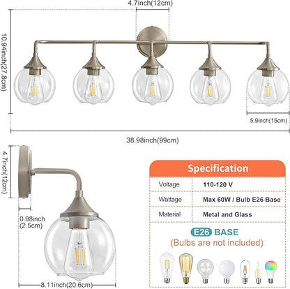 Bathroom Vanity Lights with Clear Glass Shade, E26 Base, Vanity Lighting Fixtures Over Mirror, 39 Inch Vanity Lights for Bathroom (Exclude E26 Bulb) (Brushed Nickel, 5-Lights)