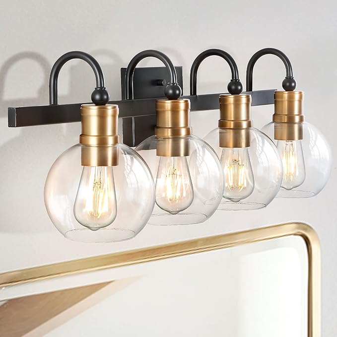 JONATHAN Y 29.75" Black/Brass Gold Vintage Wall Sconce, LED Vanity Light for Bathroom Bedroom Entryway, Clear Glass Globe Shade, Modern Industrial Arched Lamp, LED Bulb Included (JYL3529A)