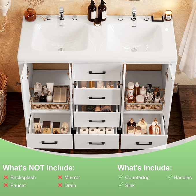 48" White Bathroom Vanity with Double Sink, 47.3" × 19.7" × 35.5" Bathroom Vanity Cabinet with 2 Doors & 6 Drawers, Modern Vanity Set with Ceramic Sinks