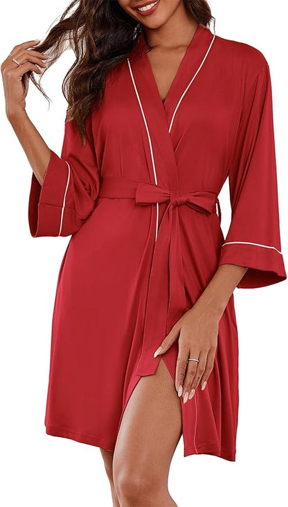 Ekouaer Women Kimono Robes Knee Length Knit Bathrobe Lightweight Soft Sleepwear V-neck Casual Ladies Loungewear