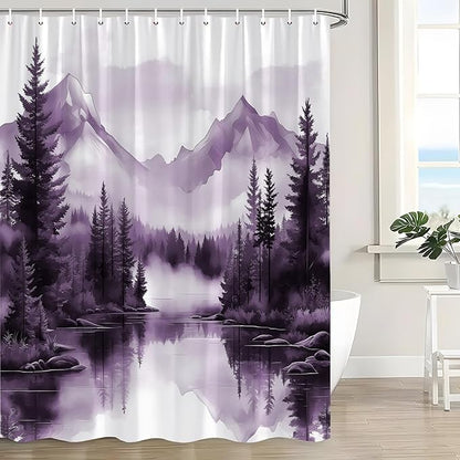 Purple Misty Forest Shower Curtain Mountain Foggy Pine Trees Landscape Watercolor Jungle Plant Rustic Nature Scenery Lake Fabric Bathroom Curtain Set with Hook