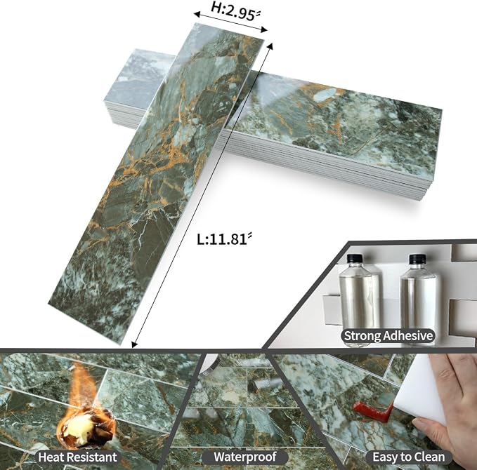 AULIGET 40-Piece Polished Green Marble with Gold Peel and Stick Backsplash Wall Tiles, 3" x 12" PVC Faux Stone Stick on Tiles for Backsplash Kitchen, Bathroom, Laundry Room, Camper, Fireplace