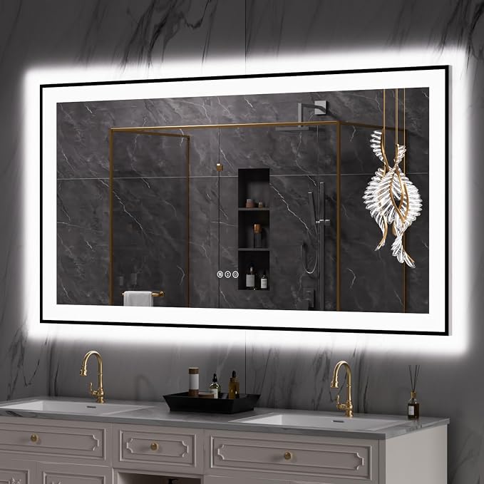 LOAAO 55"X30" LED Bathroom Mirror Black Framed | Anti-Fog, Dimmable, Memory Function, Tempered Glass, Lighted Vanity Mirror for Wall