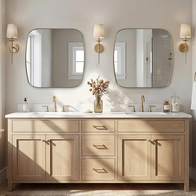 30x30 Gold Bathroom Mirror, Oblong Brass Mirror with Stainless Steel Metal Frame, Oval Vanity Mirror for Over Sink, Modern Anti Rust Wall Mounted