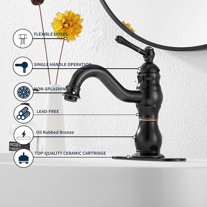 Oil Rubbed Bronze Bathroom Faucet Single Handle One Hole Bathroom Vanity Faucet Basin Mixer Tap Matching Pop Up Drain with Overflow