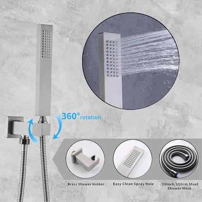 Dual Rain Shower Head System Ceiling Mount 14x20inch LED Shower Head and 8 Inch Side Shower Head with Handheld, Rainfall Shower Faucet Set (Brushed Nickel)