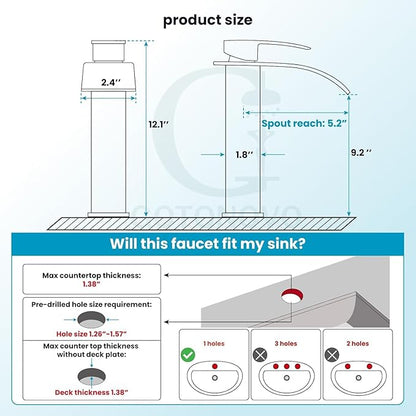 gotonovo Modern Waterfall Tall Bathroom Faucet 1 Hole, Matte Black | Vessel Sink Faucet Single Handle 304 Stainless Steel,Pop Up Drain,24" cUPC Supply Line,for Lavatory Vanity Restroom Basin RV
