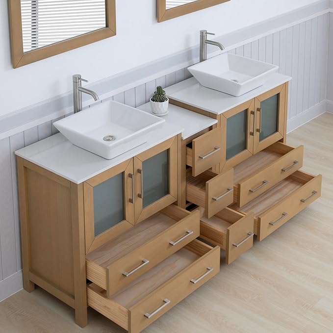 Vanity Art 72 Inch Vessel Double Sink Bathroom Vanity Cabinet with 2 Mirrors, Engineered Marble Top Bathroom Cabinet Compact Set with 7 Dovetail Drawers and Soft Closing Doors, VA3130-72NO