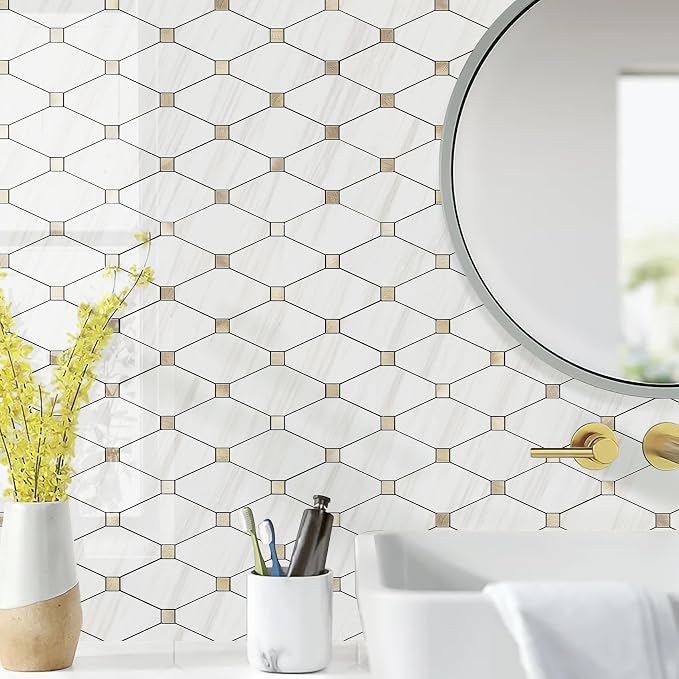 STICKGOO 10 Sheets Peel and Stick Backsplash, Polished Dolomite PVC Mixed Metal Gold Kitchen Backsplash, Stick on Backsplash Wall Tiles for Kitchen, Bathroom, RV