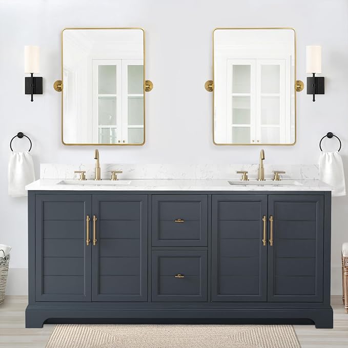 Vanity Art 72 Inch Bathroom Vanity with Double Sink, Vintage Spruce Blue | Solid Wood, Ceramic Sink, Marble Top, Waterproof Backsplash, Pre-assembled, Soft-close Doors, Ample Storage, Freestanding