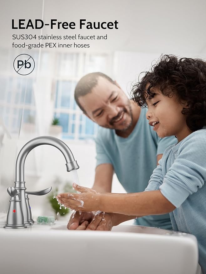 Bathroom Faucets for Sink 3 Hole, 4 Inch Brushed Nickel Faucet Bathroom with 2 Hot/Cold Handles, Pop-Up Drain, Lead-Free, No-Leak, RV Sink Faucet for Bath, Camper