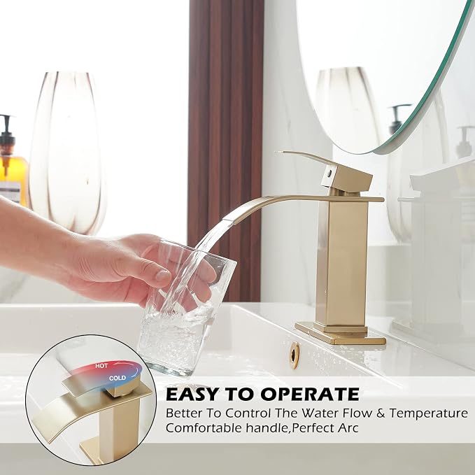 BWE Bathroom Vessel Faucet, Brushed Gold Waterfall Faucet with Pop-up Drain and Water Lines for Vanity Sink, Stainless Steel Construction
