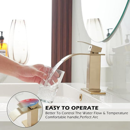 BWE Bathroom Vessel Faucet, Brushed Gold Waterfall Faucet with Pop-up Drain and Water Lines for Vanity Sink, Stainless Steel Construction