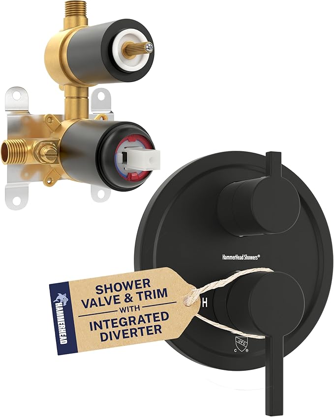 HammerHead Showers Solid Metal Two Handle Shower Valve and Trim Kit Matte Black, Diverts Water, Controls Volume and Temperature, Rough-In Shower Trim Kit with Valve and Pressure Balance Shower Valve