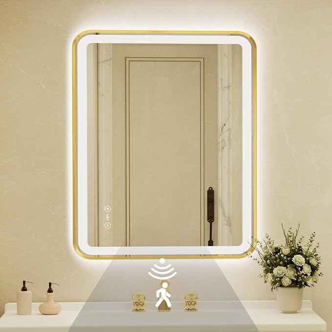32x40 Inch Gold Framed LED Bathroom Mirror with Lights,Smart Bathroom Mirror,Motion Sensor,Tempered Glass,Anti-Fog,Stepless Dimmable & 3 Colors,Memory,Vanity Mirror for Wall