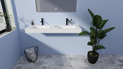59" Wall Mount Sink Matte Bathroom Vanity Vessel Sinks Artificial Stone Rectanglee Indoor Outdoors Modern Floating or Countertop Freestanding Wall Hang Sink Bowl… (2 Faucet Holes 59'')