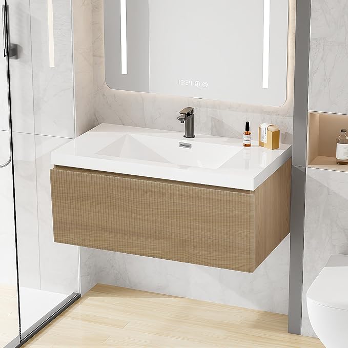 36 Inch Floating Bathroom Vanity with Sink, Modern Oak Wall Mounted Floating Vanity with Glossy Resin Sink, Soft Closing Drawer, Fully Pre Assembled Bathroom Vanity, Natural Oak