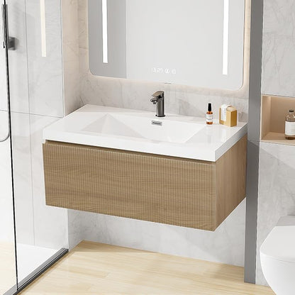 36 Inch Floating Bathroom Vanity with Sink, Modern Oak Wall Mounted Floating Vanity with Glossy Resin Sink, Soft Closing Drawer, Fully Pre Assembled Bathroom Vanity, Natural Oak