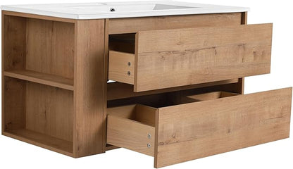 Henf 36" Wall Mounted Bathroom Vanity with Ceramic Sink, Modern Floating Oak Bathroom Vanity Cabinet with 2 Soft Close Drawers & Open Storage Shelf
