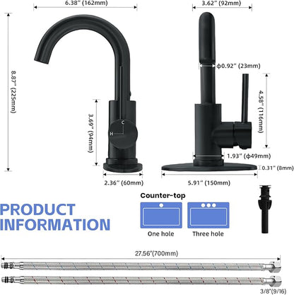 Matte Black Bathroom Faucets for Sink 1 Hole or 3 Holes, Single Hole Black Bathroom Sink Faucet with Pop-Up Drain Mini Size Vanity Faucet Bar Faucet Single Handle Lavatory Faucets