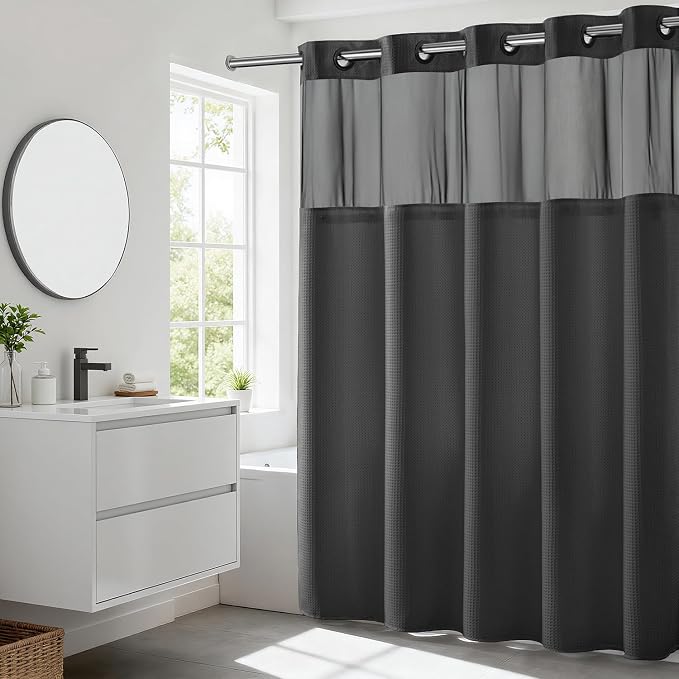 River Dream Waffle No Hook Shower Curtain with Liner,Graphite Grey,71x74 | Dotted Waffle,Snap-in Liner,Heavy Duty,Quick Dry,Mesh Top Window,With Bottom Magnets,Hotel-Grade,Washable,Standard Size
