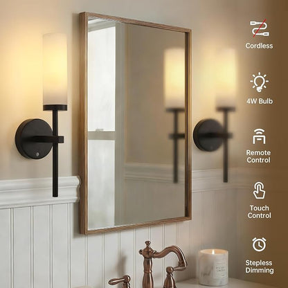 Shenmoyl Battery Operated Wall Sconces Set of 2, Black Rechargeable Wall Lighting Fixtures, Dimmable Wall Lights with Remote & Opal Glass Shade for Living Room, Bathroom,Bedroom