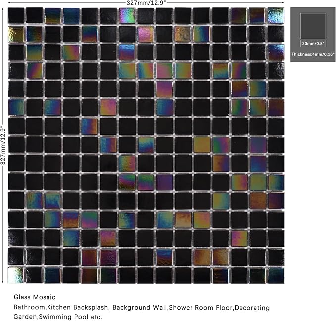 11.5 sq.ft Iridescent Black Glass Mosaic Tile for Bath, Pool, Backsplash | Waterproof Wall & Floor Tile. Heat & frost resistant outdoors. Mesh-mounted easy install. Use any grout. Easy clean. 10pcs.