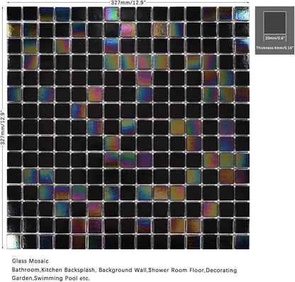 11.5 sq.ft Iridescent Black Glass Mosaic Tile for Bath, Pool, Backsplash | Waterproof Wall & Floor Tile. Heat & frost resistant outdoors. Mesh-mounted easy install. Use any grout. Easy clean. 10pcs.