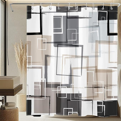 Black and Tan Geometric Shower Curtain with Hooks, Grey and White Abstract Striped on White Fabric Shower Curtain for Bathroom Decor Modern Minimalist Shower Curtain Set,72L X 60W inches