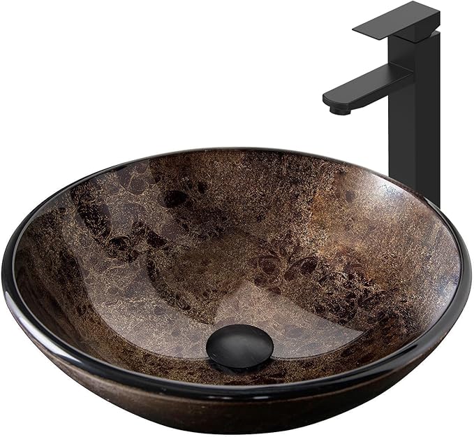 Bathroom Artistic Vessel Sink, Tempered Glass Vanity Round Bowl, Brown | Black Faucet, Pop Up Drain, Above Counter, Easy Clean