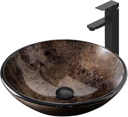 32'' Bathroom Vanity with Sink, Modern Bathroom Cabinet, Black | 2 Soft-Close Cabinet Doors, 4 Drawers, 2-Tier Inner Shelf, Freestanding Large Storage Cabinet, Brown Round Glass Sink