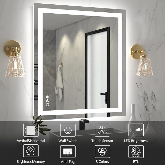LED Bathroom Mirror 36"X32" with Front Light and Backlit | Stepless Dimmable, Anti-Fog, Shatter-Proof, HD Reflection, Memory, 3 Colors Lighting, UL Listed (Horizontal/Vertical).