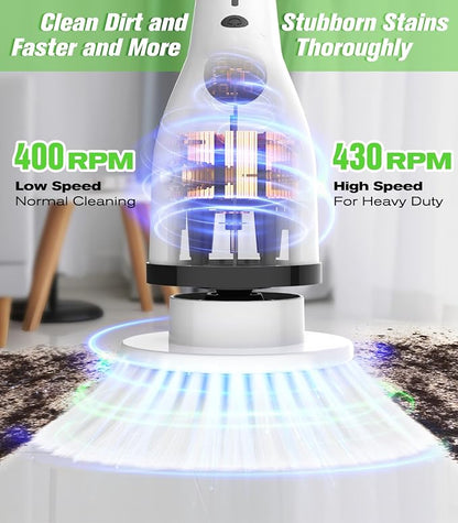 Electric Spin Scrubber, 3-Speed Flat End Brush with 8 Brush Heads & Base, Adjustable Long Handle, Digital Display, 2500mAh Fast Charging, for Bathroom, Tub, Tile, Floor（White