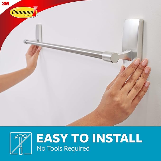 Command Bath Satin Nickel Towel Bar with Water Resistant Command Strips, Bathroom Organizer, 24 in Bar Length Holds up to 10 lbs