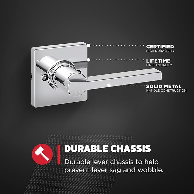 Kwikset Casey Dummy Door Handle, Single Sided Lever for Closets, French Double Doors, and Pantry, Polished Chrome Non-Turning Reversible Interior Push/Pull Lever (Pack of 2)