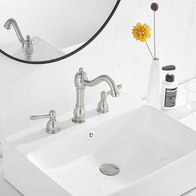 GGStudy 2 Handles 3 Holes Faucet Widespread Bathroom Sink Faucet Basin Tap Mixer Supply Hose Included Matching Pop Up Drain Brushed Nickel