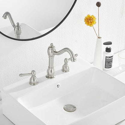 GGStudy 2 Handles 3 Holes Faucet Widespread Bathroom Sink Faucet Basin Tap Mixer Supply Hose Included Matching Pop Up Drain Brushed Nickel