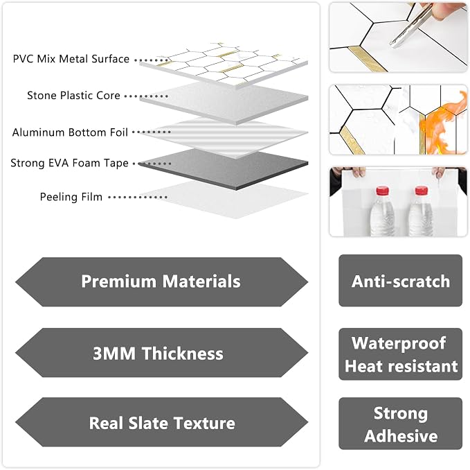 Vamos Tile Long Hexagon Peel and Stick Backsplash Tile - 10 Sheets Stick on Backsplash for Kitchen and Bathroom 12.4 x 12 Inch White Marble Look PVC Mixed Metal Gold Self Adhesive Mosaic Wall Tiles
