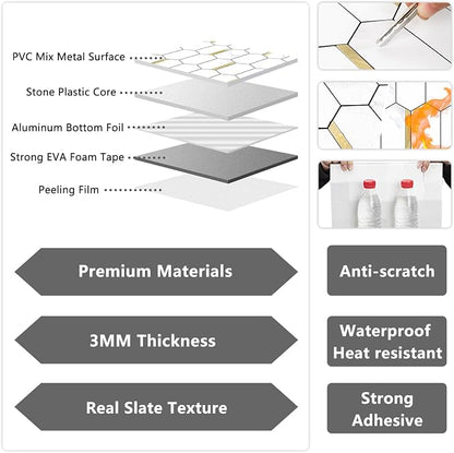 Vamos Tile Long Hexagon Peel and Stick Backsplash Tile - 10 Sheets Stick on Backsplash for Kitchen and Bathroom 12.4 x 12 Inch White Marble Look PVC Mixed Metal Gold Self Adhesive Mosaic Wall Tiles