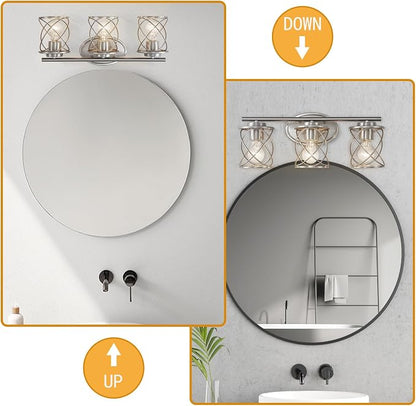 3-Lights Bathroom Vanity Lights, Bathroom Light Fixtures Over Mirror, Brushed Nickel Vanity Light, Farmhouse Wall Lights with Clear Glass Shade, Bathroom Wall Lamp for Mirror Kitchen Bedroom