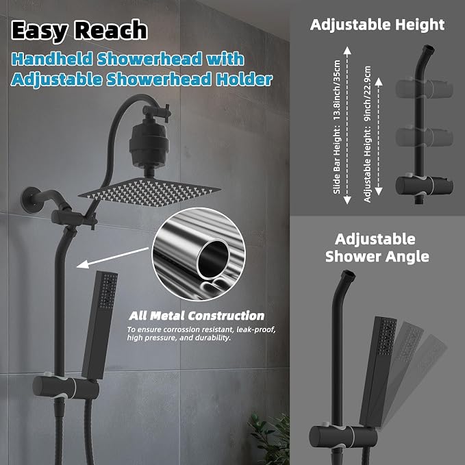 Hibbent 10'' Filtered Shower Head with 4-mode Handheld Spray, Matte Black | High Pressure Showerhead Combo, 12'' Adjustable Extension Arm, Shower Filter, Extension Bar, Easy Reach Holder, 71'' Hose